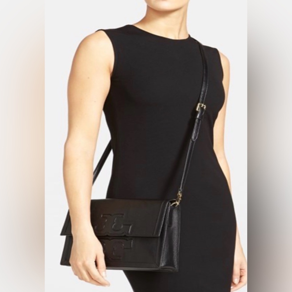 RARE Tory Burch Jessica  Black Leather Crossbody with Gold Hardware